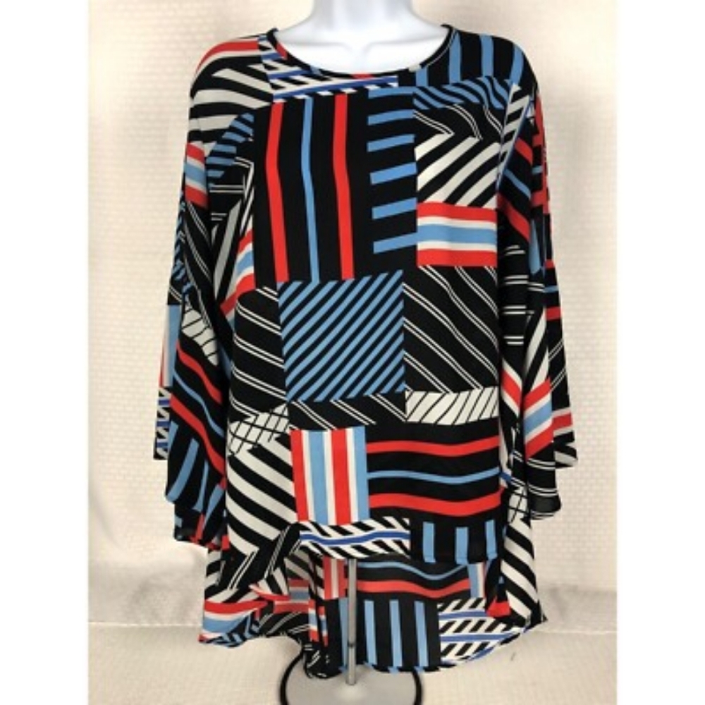 Spense Top Womens Size M Blue Red White Butterfly Sleeves Longer in Back